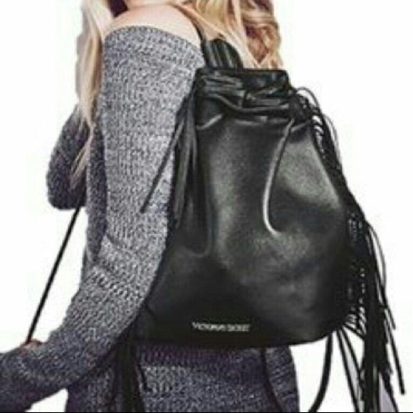 Victoria’s Secret Black Fringe Drawstring Backpack - Picture 2 of 16